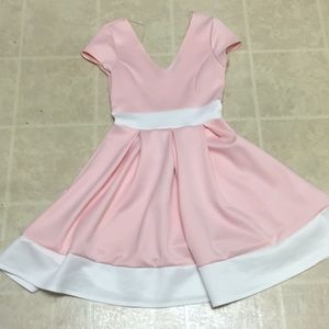 Pink and white fit and flare V-Neck Dress